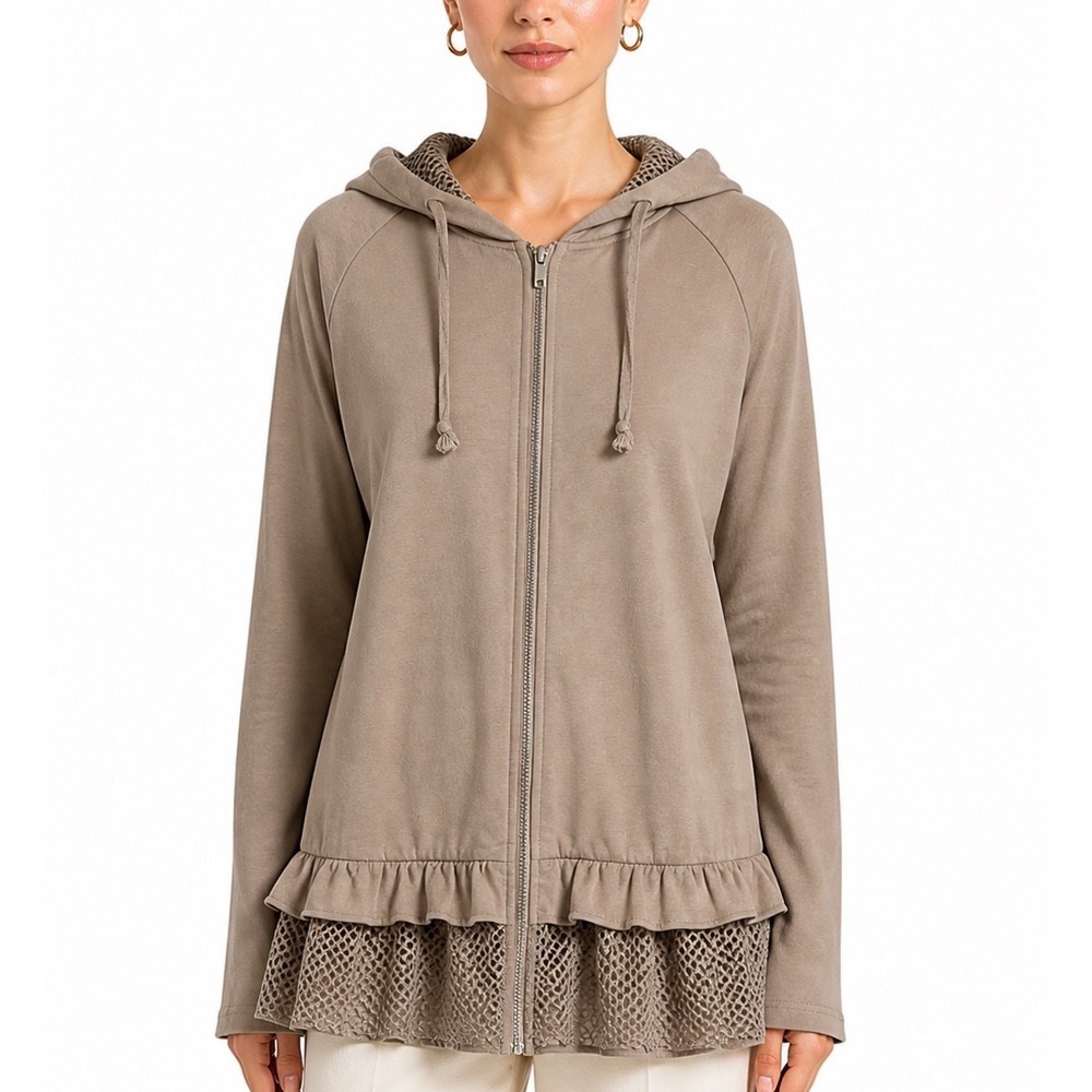 DARLING Ruffled Zip Up Hoodie Jacket Neutral Coquette Streetwear Comfy Women L‎